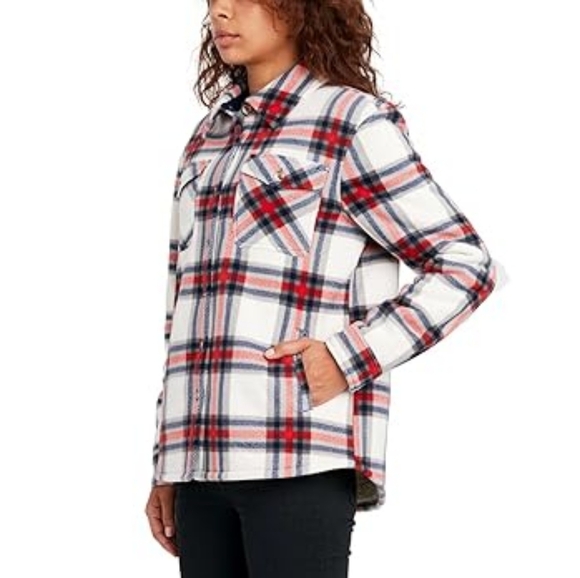Sage Red and Blue Plaid Sherpa Utility Jacket - Picture 2 of 4